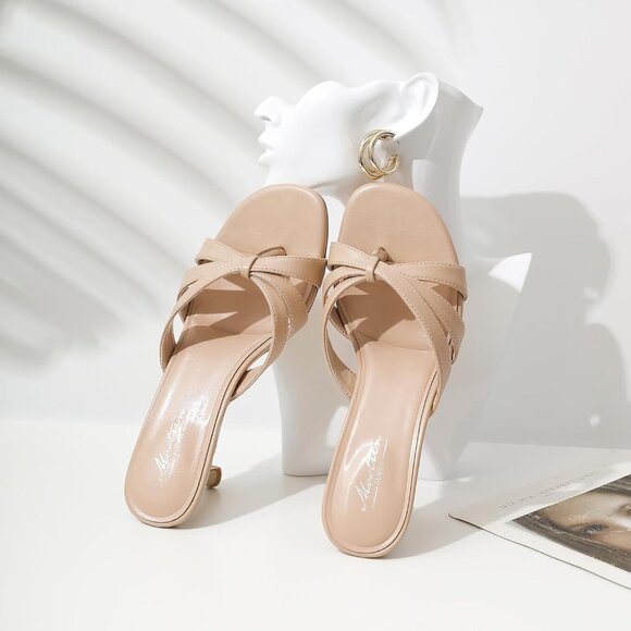 Women Strappy Kitten Nude Heels Open Toe Mules Thong Sandal for Party Wedding - Picture 7 of 9